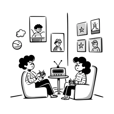 A retro gamer room with pixel posters and a console hooked to a tube TV sticker