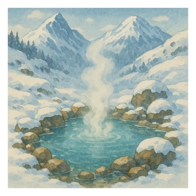 a snowy mountain hot spring, serene landscape, visible steam rising from warm water, surrounded by snow and rocks, beautiful illustrative style sticker