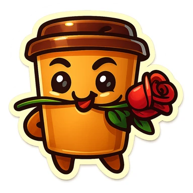 Tall coffee cup, rose in mouth, wiggle eyebrow, smirk sticker