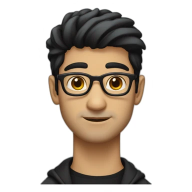 North Indian long faced white skinned male with glasses and black hair combed in front a bit and a small stub a little moustache showing up like zayn wearing a black tshirt black overcoat sticker