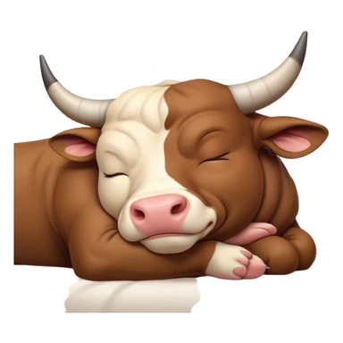 meme-worthy-cute-sleeping-domestic-bull-portrait-emoji,-head-resting-peacefully-with-a-contented-smile,-showcasing-a-robust,-muscular-build-and-a-luxuriously-soft-coat,-eyes-gently-closed-in-serene,-restful-slumber,-simplified,-solid-brown sticker