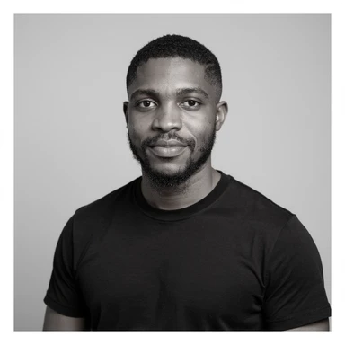 A professional portrait of me in monochrome. Plain black crew neck shirt. Tailored to LinkedIn. Tech boy vibe (programmer). I’m a black man from Nigeria. Retain facial features from attached image. Make face smoothie and healthy. No accessories. Light gray background to make subject more visible. sticker
