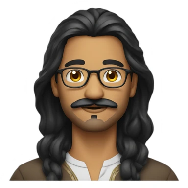 Indian man, with moustache and a goatee, with long wavy black hair, wearing glasses sticker