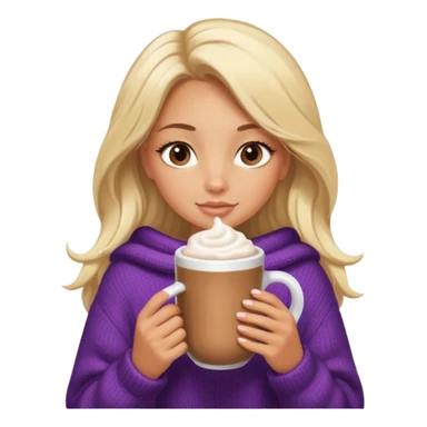 Tanned Girl with lashes , blonde hair, in an extremely big fluffy oversized and hold hot chocolate drink sticker