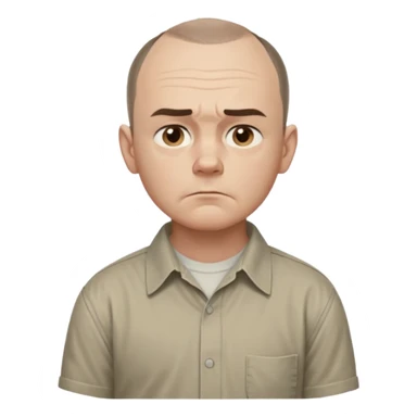 Carl from Sling Blade, serious expression, recognizable features, chin sticking out, slouching posture, no glasses, shirt with collar,  side view,show his entire body, he is standing. three-quarter face angle. He sticks his head forward. change face style sticker