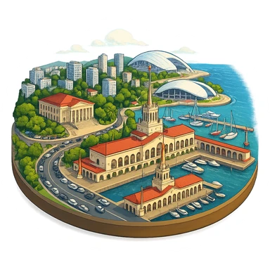 Изометричная, яркая, детализированная и фотореалистичная иллюстрация панорамы города Cочи на круглой подставке в стиле 3D-коллажей городов, здание Морского Порта, Зимний театр, стадион Фишт, море чёткие линии, слегка мультяшная стилистика, прозрачный фон, не обрезать края картинки sticker