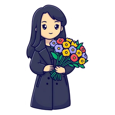 beautiful girl with long black hair wearing a black coat holding a bouquet of flowers sticker