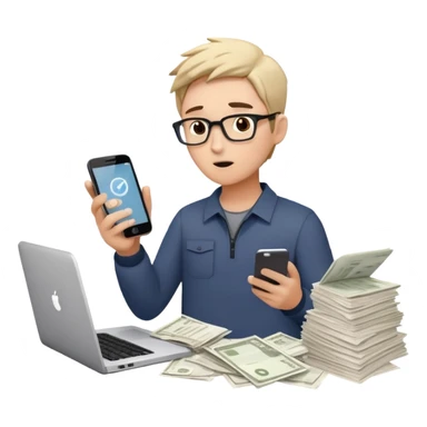 person holding a phone in one hand, laptop open in front, storm of receipts, invoices, and reminders swirling around, multitasking chaos sticker