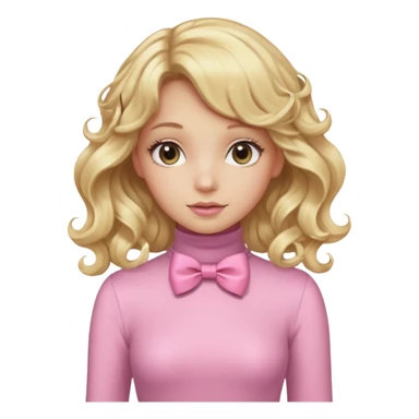 دختری با موی بلوند و خیلی بلند و فرفری و پاپیون صورتی روی سرش و یه لباس  یقه اسکی صورتی کم رنگ که شاینی هست sticker