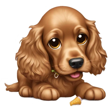 Light brown cocker spaniel eating a shoe sticker