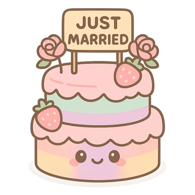 rainbow wedding cake with strawberries, pink roses, 'Just Married' topper, kawaii style sticker