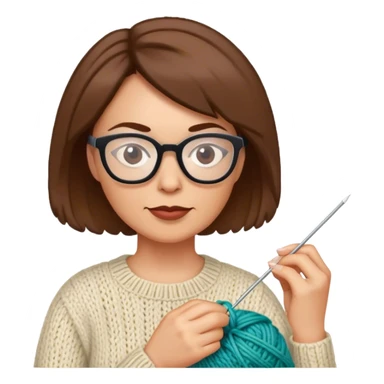 Mid aged woman with glasses and short brown hair knitting sticker