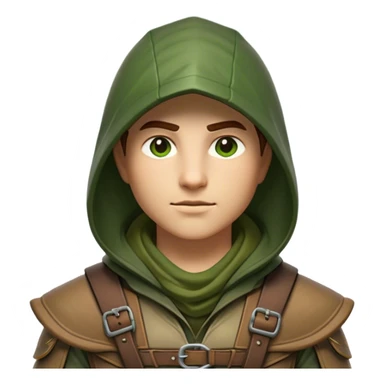 Clash of Clans aesthetic friendly Ranger Portrait Emoji, With a lean, agile build clad in earth-toned leather and green accents, a keen, focused gaze and a weathered hood shadowing determined eyes, his face rendered in a natural skin tone (not yellow), Simplified yet sharply defined features, highly detailed, glowing with a soft, natural woodland radiance, high shine, intelligent and resolute, stylized with an air of forest guardian authority, focused and alert, soft glowing outline, capturing the essence of a confident ranger ready to defend the wild with stealth and valor! sticker