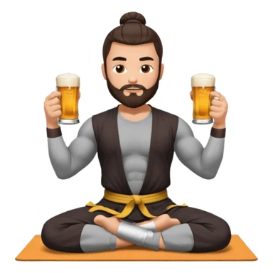 slavic muscled guy with dark brown hair and beard, sitting in yoga pose on a mat, kung fu clothes, long and volume dark hair, holding beer mugs in two hands, sitting sticker