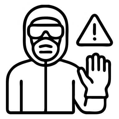 safety notice icon showing a worker in PPE including goggles, gloves, mask, and protective suit with a red warning symbol, designed for use in a chemical factory environment sticker
