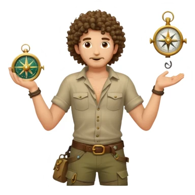 full body jungle explorer man, curly hair, from behind, half-open shirt slipping off shoulders, relic compass in hand sticker