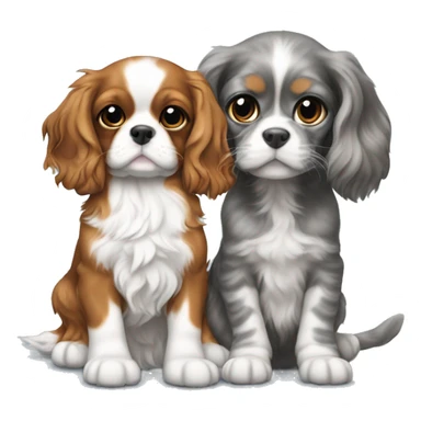 Cavalier King Charles Spaniel puppy sits next to a British gray tabby cat sticker