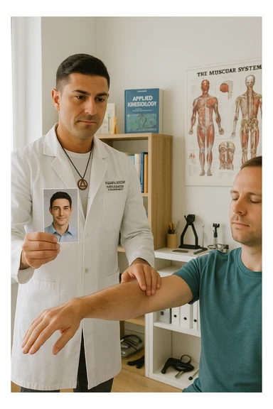 a middle-aged man, dressed in casual professional attire, is in a bright, organized therapy studio. Durante una visita di kinesiologia, il ragazzo tiene con una mano la foto di una persona lontana (il “testimone”) tiene la foto in mano, mentre con l’altra mano esegue un test muscolare su un cliente presente senza foto. Sullo sfondo si vedono libri di kinesiologia, poster anatomici e strumenti tipici della disciplina. L’atmosfera è concentrata e serena, con luce naturale che entra dalla finestra, sottolineando l’aspetto alternativo e umano della pratica. sticker
