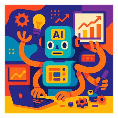 artificial intelligence, multitasking robot with many arms, performing various productive tasks like typing, analyzing data, and assembling gadgets, vibrant digital style sticker