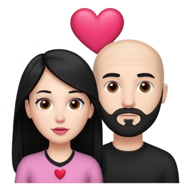 👩🏻‍❤️‍💋‍👨🏻 this one but the man should be bald. white woman with long black hair and white bald young man whoitiut hair and a heart between their heads. she has pink lips and both have brown eyes. he has e full beard but short. both wear black  sticker