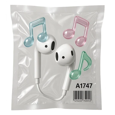 pair of white EarPods with three floating glass music notes in pastel blue, pink, and mint, glossy and inflated sticker