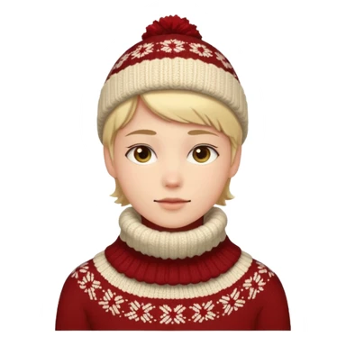Fantasy human emoji portrait, knitted winter collar with simple pattern, festive but subtle look, warm colors, minimal fantasy style, clean emoji design, male/female variant
 sticker
