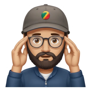 A man with a grey baseball cap, brown eyes, big dark brown beard and glasses, facepalm sticker