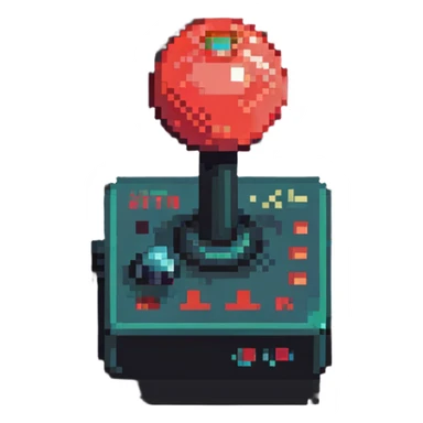A classic arcade joystick with red ball top and buttons in pixel art style sticker