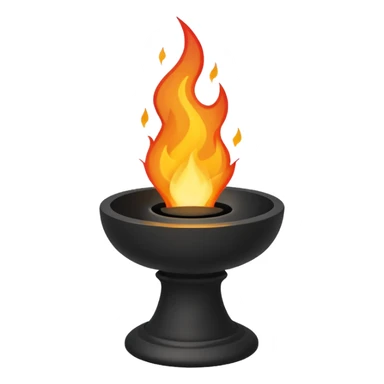 A minimalist stone pedestal with a tall rectangular base and a shallow black bowl on top, designed as a modern torch or brazier. Bright flames rise from the bowl sticker