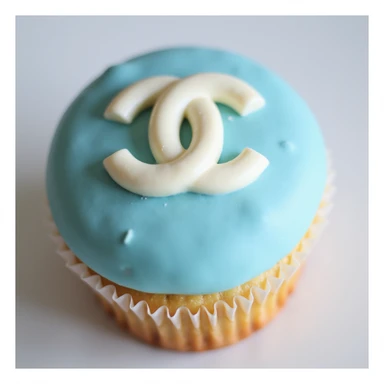photorealistic pastel blue Chanel cupcake with a white chocolate Chanel logo, elegant sticker
