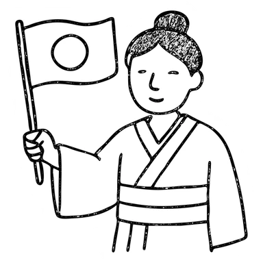person in a traditional kimono holding the Japanese flag, hand drawn outlined icon sticker