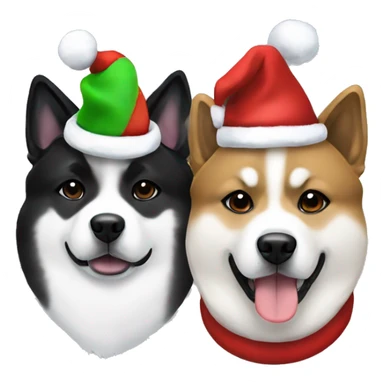 Two American Akita dogs one black and white and one just black wearing Christmas hats sticker