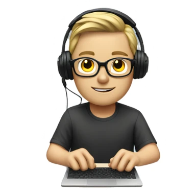 white boy with glasses and gaming headset sitting at desk on desktop computer  sticker