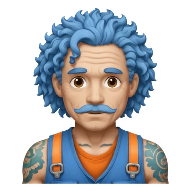 very curly blue haired, construction worker very old, tattoes sticker