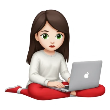 Long dark brown haired, white skinned, dark green eyed girl in white clothes girl sitting in macbook with a red case  sticker