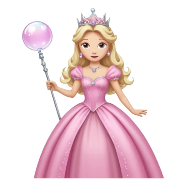 glinda the good witch from wicked movie, blonde hair, beautiful, big silver thin tiara, bubble wand, pink gown sticker