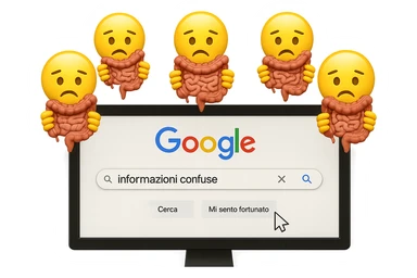 SCHERMO DI PC CON LA SCRITTA "informazioni confuse" SULLA BARRA DI RICERCA GOOGLE SULLO SCHERMO E IL CLICK DEL MOUSE SULLA SCRITTA CERCA, stile emoji iphone fluttuano in aria stringendo in mano un pezzo di colon intestinale, iperrealistico 4k sticker