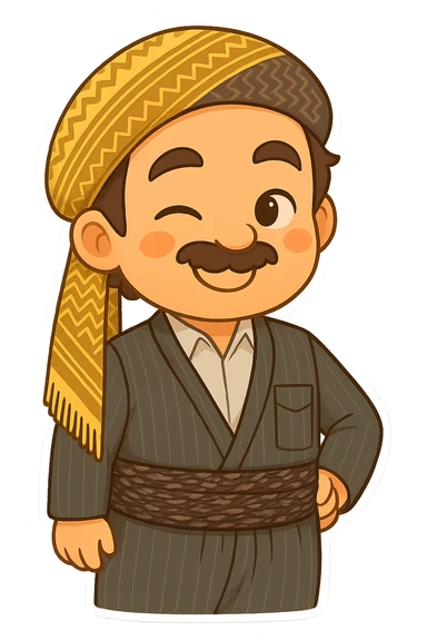 Cartoon sticker of a Kurdish man with the same clothes and scarf as the reference image, no changes to clothes or scarf, face with a winking and smiling expression similar to emoji 😉, colorful and cheerful, no shadows or color halos around the image, no text, suitable for WhatsApp and Instagram, fully transparent background. sticker