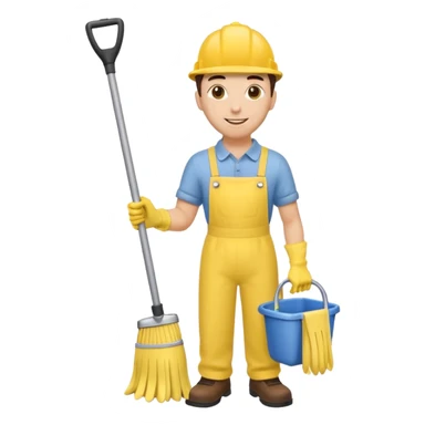 Custodian with yellow rubber gloves, mop sticker