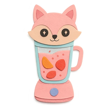 full-body pastel pink fox blender with transparent body showing fruity smoothie inside, sparkling eyes, paper craft style sticker