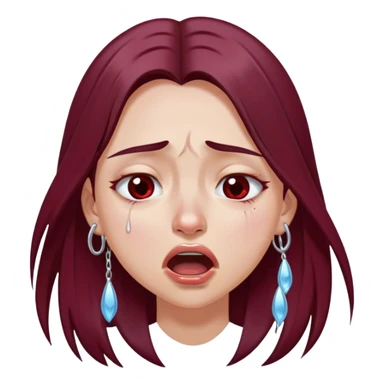 emoji of girl crying hysterically with tears dripping down eyes with mouth closed with maroon dark long hair in a middle part with straight nose hazel eyes medium perfect eye brows with  a nose ring silver on the right nostril  sticker