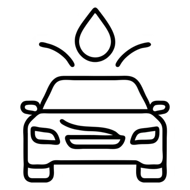 outlined icon of a full premium vehicle with glossy black paint, water droplet sliding on the hood or roof, clean lines, subtle repellent effect with water lines moving away, modern and simple sticker