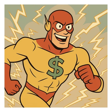 speedster superhero with lightning effects, suit with large dollar sign, modern cartoon style sticker