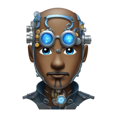 Brown shaved male cyborg head with blue beard, silver steampunk monocle goggles and circuits sticker
