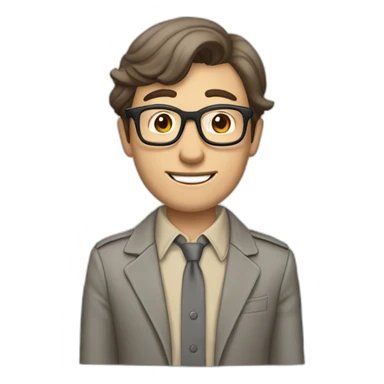 Crickering Pale skinned Fit Man With dark brown hair in gray jacket, beige office shirt, Brown pants and vintage glasses In the joke cap sticker