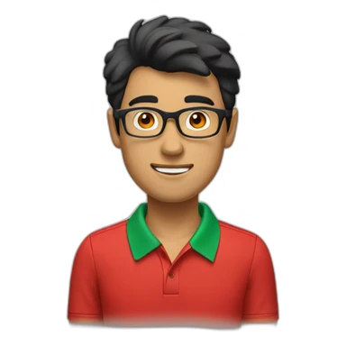 Man with black hair and glasses wearing red polo shirt with green color collar of the shirt sticker