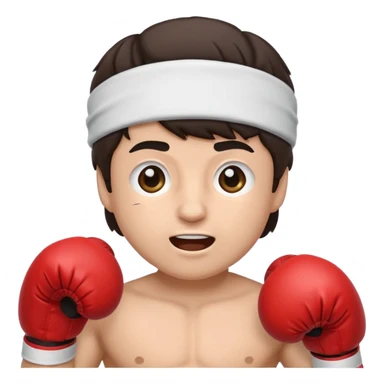 cute emoji version of Rocky Balboa, boxing gloves, headband, energetic face, simplified and rounded sticker