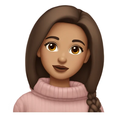 Albania girl,model light skin, long eye lashes, pink beige volume lips, brown eyes, long chocolate brown straight hair, cozy pullover sticker