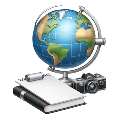 An icon showing a microphone, a notepad, and a camera, symbolizing journalism. The design includes a globe in the background, representing global news, and a breaking news banner for emphasis. Transparent background highlights the dynamic world of media and reporting. sticker