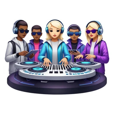 Icon for Electronic Music: Jean-Michel Jarre, Moby, DJ Tiesto, and Jorn van Deynhoven performing with synthesizers, turntables, and futuristic lighting effects. The design should evoke the vibrant and immersive atmosphere of electronic music festivals. Transparent background. sticker